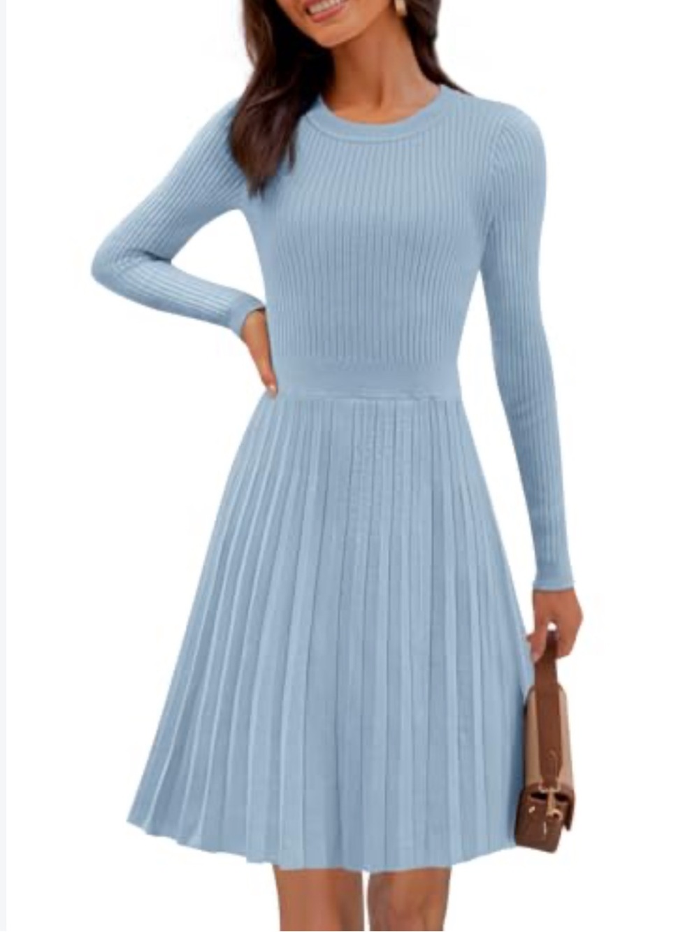 Merokeety Long Sleeve Pleated Sweater Dress Ribbed Pleated Midi Dress Size